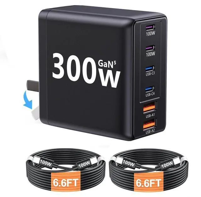 Main image of 300W USB C Laptop Charger with 2 USB Cables 6Port Dual 100W | Charging Block GaN5 Super Fast Type C Power Adapter for MacBook Pro/Air, iPhone, iPad (Black)