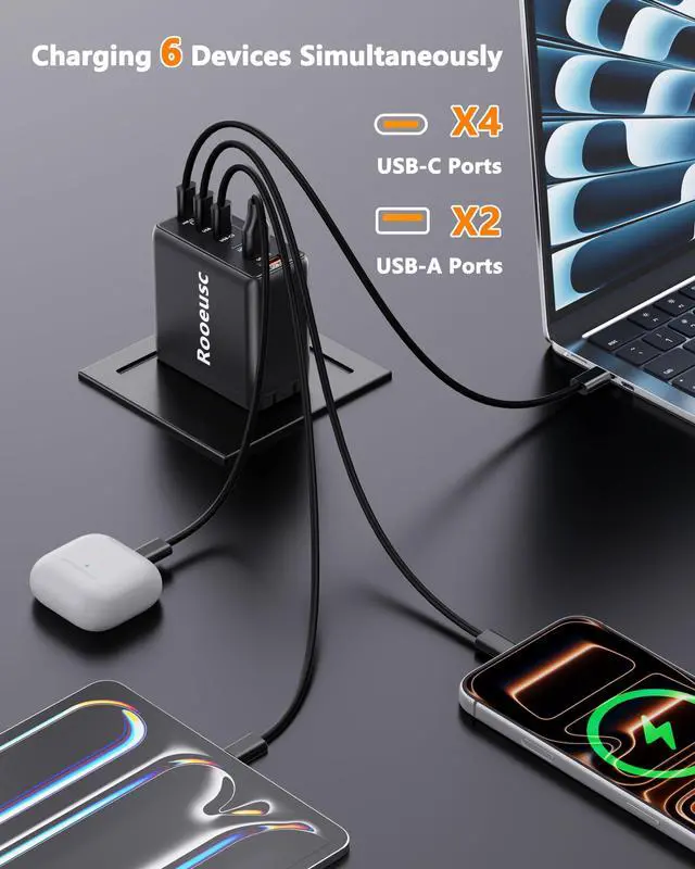 Alt view image 5 of 6 - 300W USB C Laptop Charger with 2 USB Cables 6Port Dual 100W | Charging Block GaN5 Super Fast Type C Power Adapter for MacBook Pro/Air, iPhone, iPad (Black)