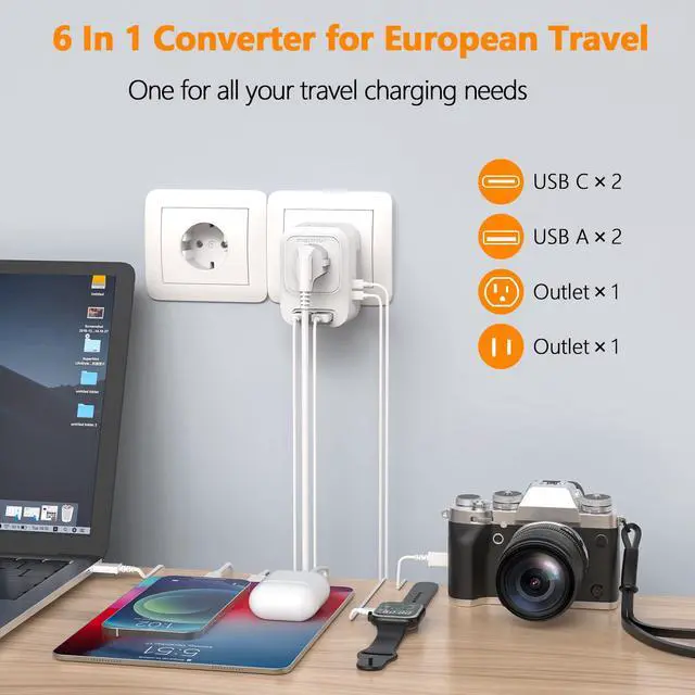 Alt view image 2 of 6 - 220V to 110V Voltage Converter US to Europe with 2 USB A 2 USB C Fast Charging, Power Converter for European Travel Universal International Travel Adapter for Italy Germany France Spain