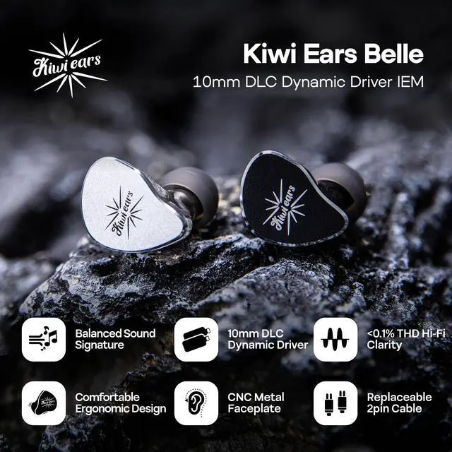 Alt view image 2 of 6 - Kiwi Ears Belle 10mm DLC Dynamic Driver in-Ear Monitor, HiFi Wired Earbuds with Dual Silver-Plated Cables, Professional IEM for Stage Performance/Gaming/Music Production (with MIC, Silver)