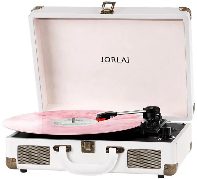 Main image of Record Player 3 Speeds Turntable with Bluetooth Built-in Battery Stereo Speakers Vintage Record Player Belt Driven Portable Suitcase PC Recording White