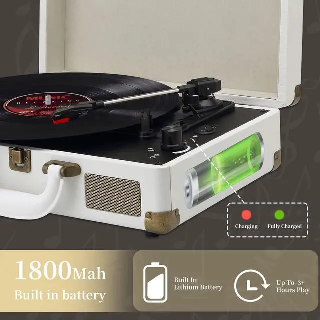 Alt view image 3 of 6 - Record Player 3 Speeds Turntable with Bluetooth Built-in Battery Stereo Speakers Vintage Record Player Belt Driven Portable Suitcase PC Recording White