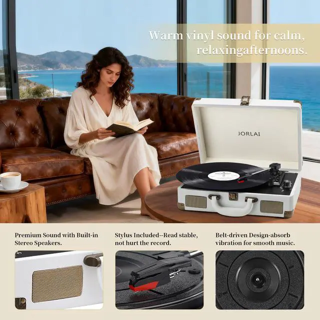 Alt view image 4 of 6 - Record Player 3 Speeds Turntable with Bluetooth Built-in Battery Stereo Speakers Vintage Record Player Belt Driven Portable Suitcase PC Recording White