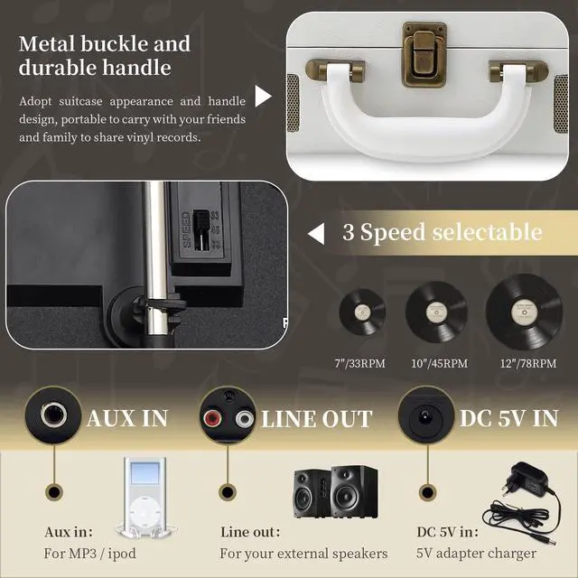 Alt view image 5 of 6 - Record Player 3 Speeds Turntable with Bluetooth Built-in Battery Stereo Speakers Vintage Record Player Belt Driven Portable Suitcase PC Recording White