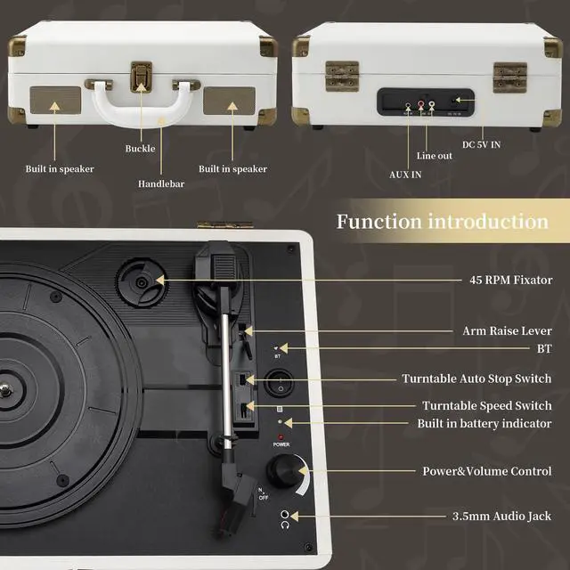 Alt view image 6 of 6 - Record Player 3 Speeds Turntable with Bluetooth Built-in Battery Stereo Speakers Vintage Record Player Belt Driven Portable Suitcase PC Recording White