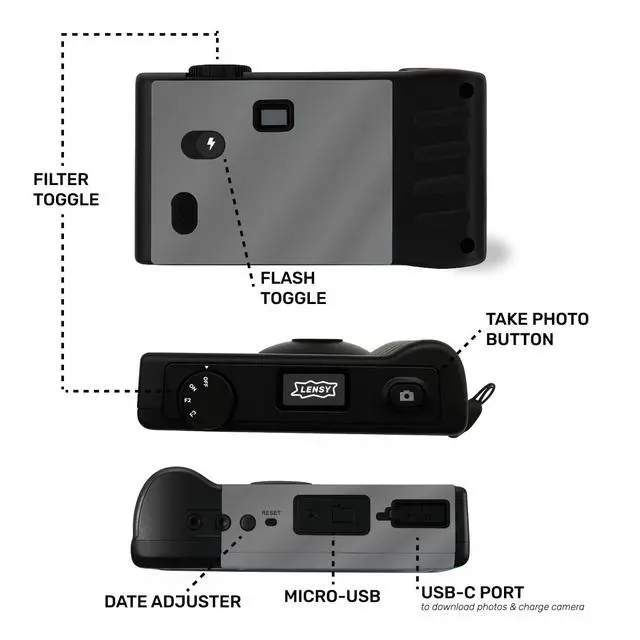 Alt view image 5 of 6 - Screen Free Digital Camera | Four Built in Filters | Rechargeable, 8mp, Lightweight, Focus-Free, Auto-Flash, Easy-to-Use, Reusable, Retro Film-Style Photos (Gray)