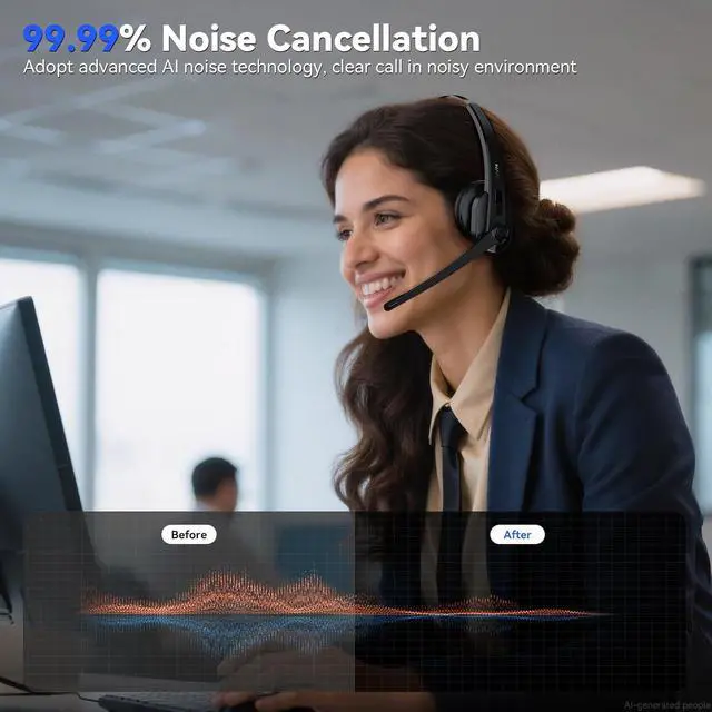 Alt view image 2 of 6 - Wireless Headset with Mic for Work, Bluetooth Headset with Microphone AI Noise Cancelling & Mute Button, Lightweight Comfortable Computer Headset with Microphone for PC/Office/Call Center/ Teams/Zoom