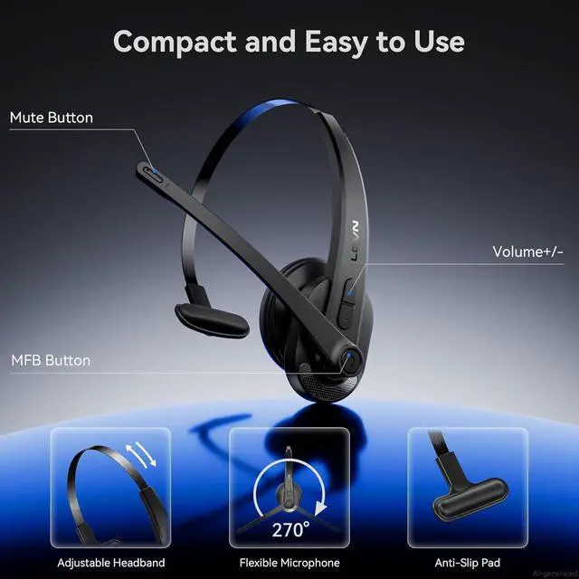 Alt view image 5 of 6 - Wireless Headset with Mic for Work, Bluetooth Headset with Microphone AI Noise Cancelling & Mute Button, Lightweight Comfortable Computer Headset with Microphone for PC/Office/Call Center/ Teams/Zoom