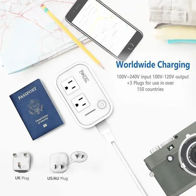 Alt view image 6 of 6 - Power Step Down 220V to 110V Travel Voltage Converter International Power Adapter for Hair Straightener/Curling Iron with 4-Port USB Charging US/UK/AU/EU Universal Plug Adapter (White)