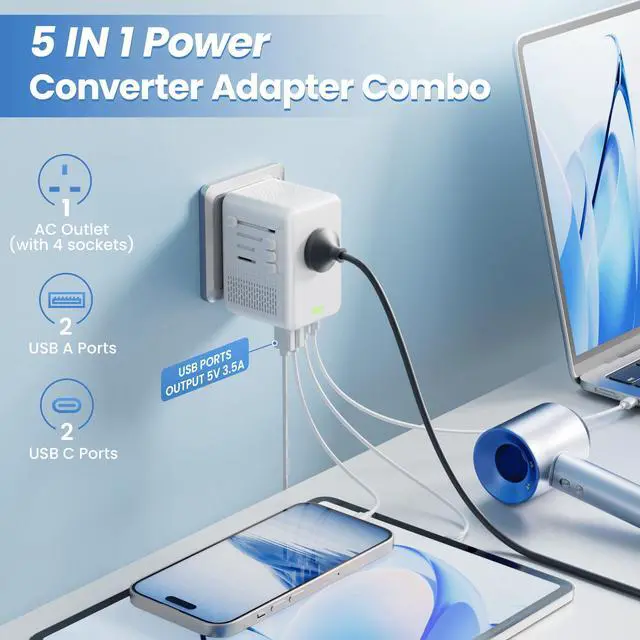 Alt view image 3 of 6 - Converter for European Travel with AC Socket, 2 USB C & 2 USB A Ports | Specially for Hair Dryers, Compact Voltage Converter US to Europe, 220v to 110v Voltage Converter