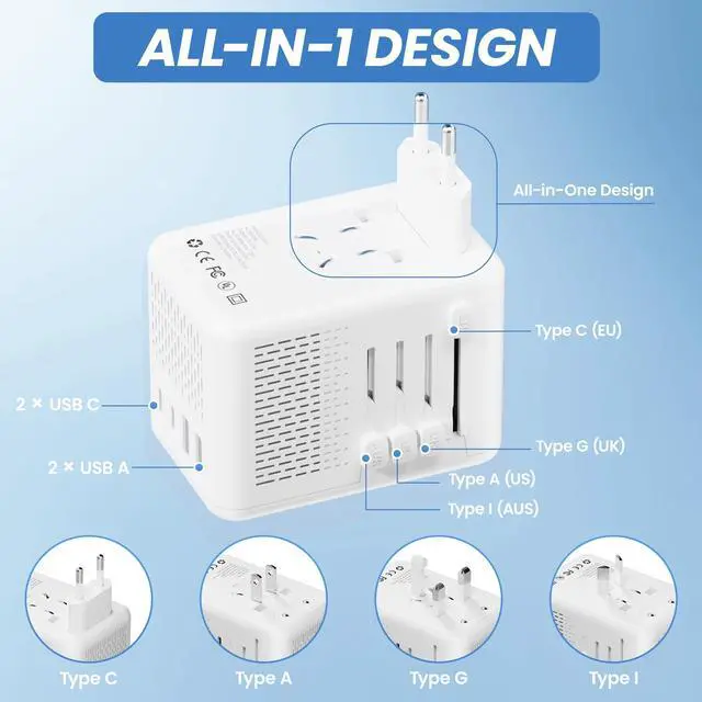 Alt view image 5 of 6 - Converter for European Travel with AC Socket, 2 USB C & 2 USB A Ports | Specially for Hair Dryers, Compact Voltage Converter US to Europe, 220v to 110v Voltage Converter