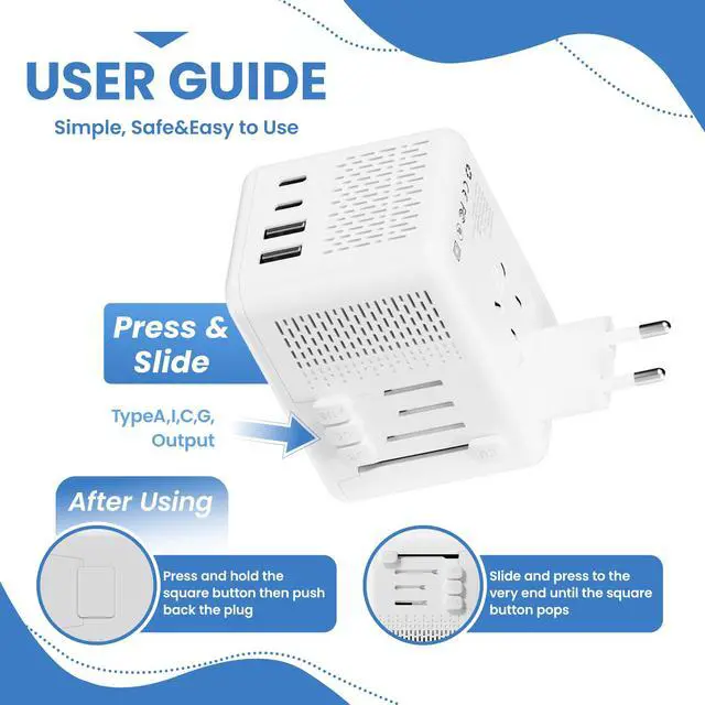 Alt view image 6 of 6 - Converter for European Travel with AC Socket, 2 USB C & 2 USB A Ports | Specially for Hair Dryers, Compact Voltage Converter US to Europe, 220v to 110v Voltage Converter