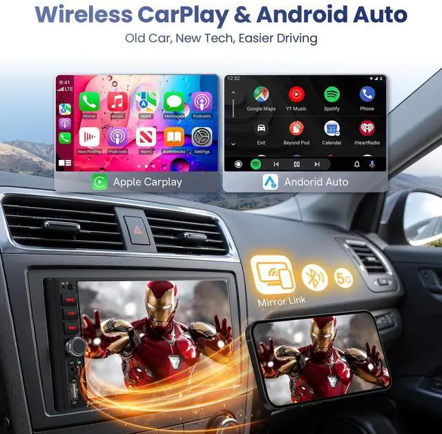 Alt view image 2 of 6 - 7" Double Din Car Stereo with Wireless Apple CarPlay & Android Auto | QLED IPS Touchscreen Car Radio,Bluetooth 6.0,Type-C Fast Charging,1080P Backup Camera,Voice Control,Gps,AM&FM,Mirror Link,EQ