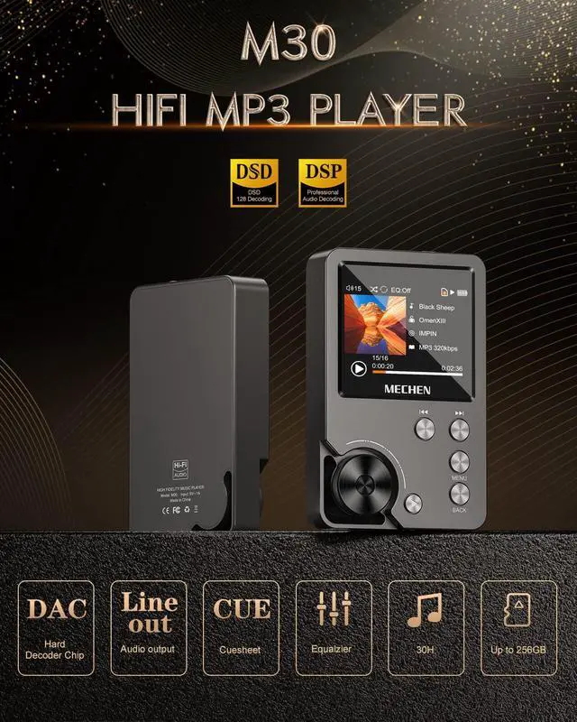 Alt view image 2 of 6 - M30 HiFi MP3 Player 64GB DAC Decoding DSD Gray | WM8965 DAC+TI Amp, MP3/WMA/WAV/APE/FLAC/AAC, 1500mAh 25H, 2" Screen, Expand to 512GB, Zinc Alloy Shell