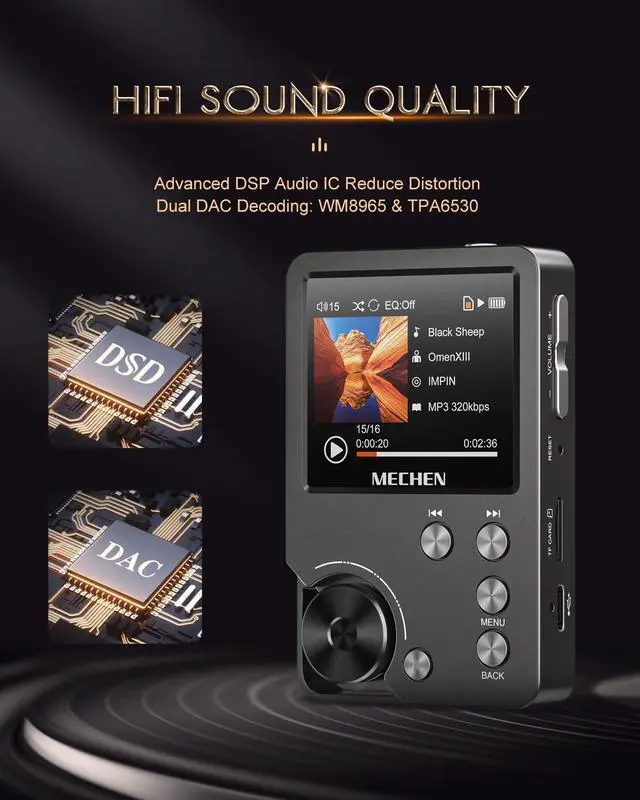 Alt view image 3 of 6 - M30 HiFi MP3 Player 64GB DAC Decoding DSD Gray | WM8965 DAC+TI Amp, MP3/WMA/WAV/APE/FLAC/AAC, 1500mAh 25H, 2" Screen, Expand to 512GB, Zinc Alloy Shell