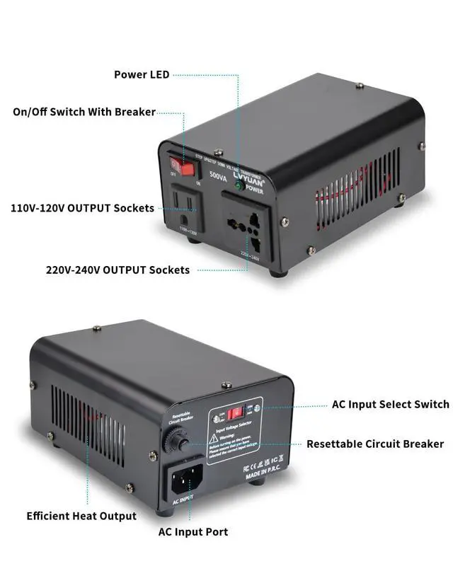 Alt view image 4 of 6 - Voltage Transformer Converter 500 Watt Step Up/Down Convert from 110-120 Volt to 220-240 Volt and from 220-240 Volt to 110-120 Volt with US Outlet, Universal Outlet, Circuit Breaker