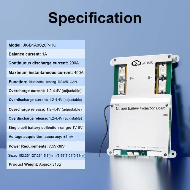Alt view image 2 of 6 - JK-B1A8S20P-HC 4S-8S 200A Smart BMS, 1A Active Balance, CAN & Heating | High-current monitoring and inverter-ready control for RV, marine, golf cart, solar storage and backup power systems