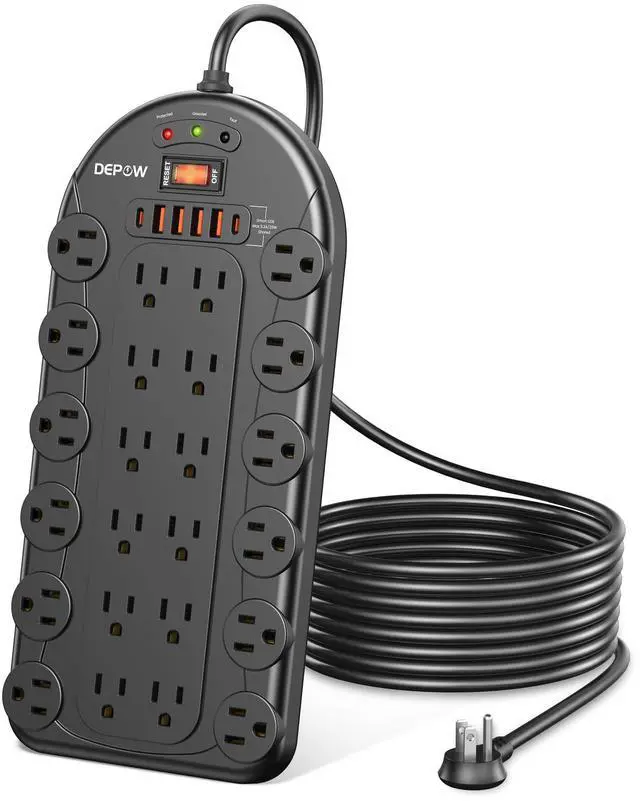 Main image of 24 Outlet Surge Protector Power Strip with 6 USB, 8FT Cord for Gaming Setup | 3400 Joules, 1875W/15A, ETL Listed, Wide Spaced for Bulky Plugs, Flat Plug, Mountable, Heavy Duty, Black, for Home Office