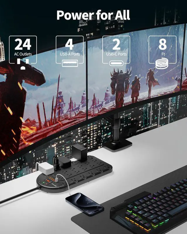 Alt view image 2 of 6 - 24 Outlet Surge Protector Power Strip with 6 USB, 8FT Cord for Gaming Setup | 3400 Joules, 1875W/15A, ETL Listed, Wide Spaced for Bulky Plugs, Flat Plug, Mountable, Heavy Duty, Black, for Home Office