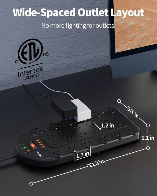 Alt view image 3 of 6 - 24 Outlet Surge Protector Power Strip with 6 USB, 8FT Cord for Gaming Setup | 3400 Joules, 1875W/15A, ETL Listed, Wide Spaced for Bulky Plugs, Flat Plug, Mountable, Heavy Duty, Black, for Home Office