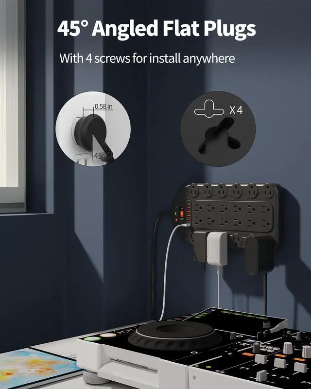 Alt view image 6 of 6 - 24 Outlet Surge Protector Power Strip with 6 USB, 8FT Cord for Gaming Setup | 3400 Joules, 1875W/15A, ETL Listed, Wide Spaced for Bulky Plugs, Flat Plug, Mountable, Heavy Duty, Black, for Home Office