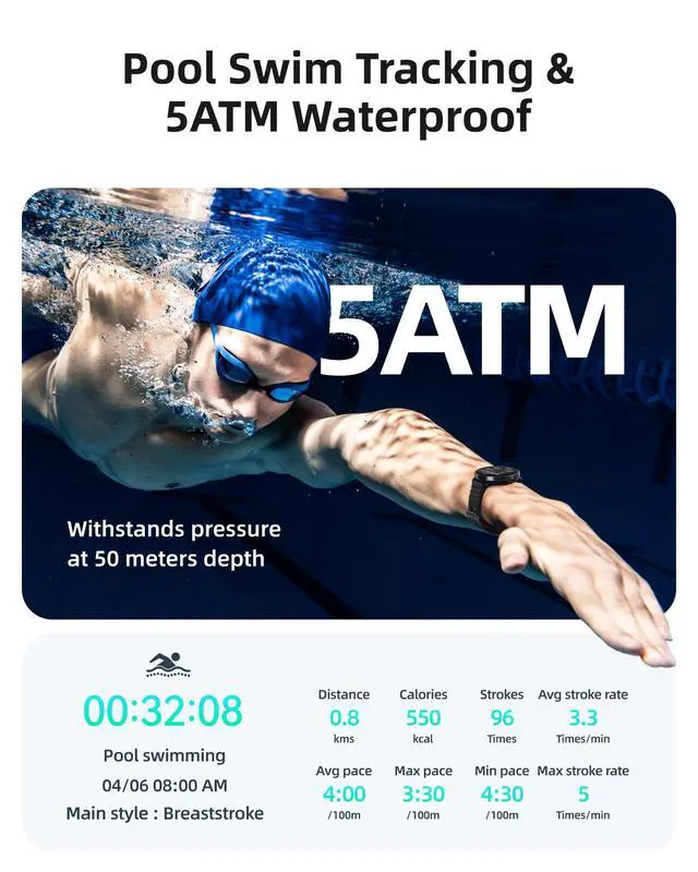 Alt view image 2 of 6 - Swimming Smart Watch, 5ATM Waterproof Watch for Pool & Open Water | AI Swim Analysis, Built-in GPS & Compass, AMOLED Screen Fitness Trackers 100+ Sports Modes, Heart Rate & Sleep Monitor, Black