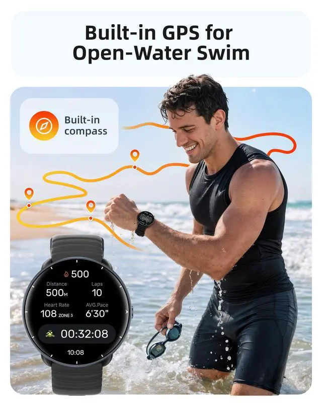 Alt view image 3 of 6 - Swimming Smart Watch, 5ATM Waterproof Watch for Pool & Open Water | AI Swim Analysis, Built-in GPS & Compass, AMOLED Screen Fitness Trackers 100+ Sports Modes, Heart Rate & Sleep Monitor, Black