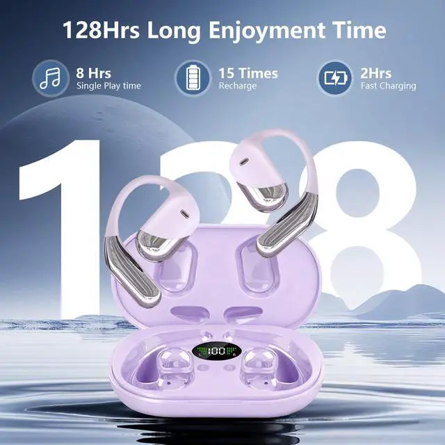 Alt view image 2 of 6 - 2026 Open Ear Headphones,Over Ear Buds Clip Wireless Earbuds Built-in Mic Earhook,Bluetooth LED Display,60H Playtime Touch Control Ultra-Comfort Design for Cycling,Running,office,walking,Ear Hooks
