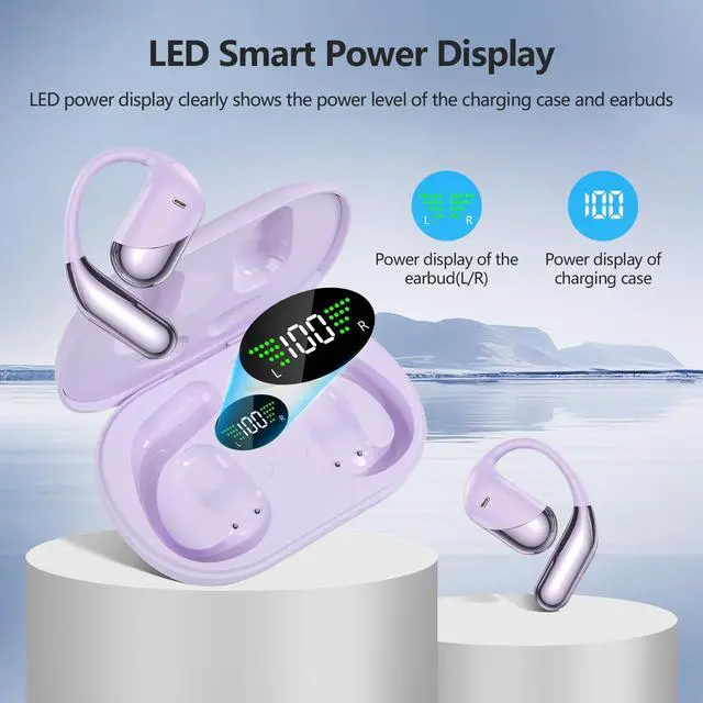 Alt view image 3 of 6 - 2026 Open Ear Headphones,Over Ear Buds Clip Wireless Earbuds Built-in Mic Earhook,Bluetooth LED Display,60H Playtime Touch Control Ultra-Comfort Design for Cycling,Running,office,walking,Ear Hooks