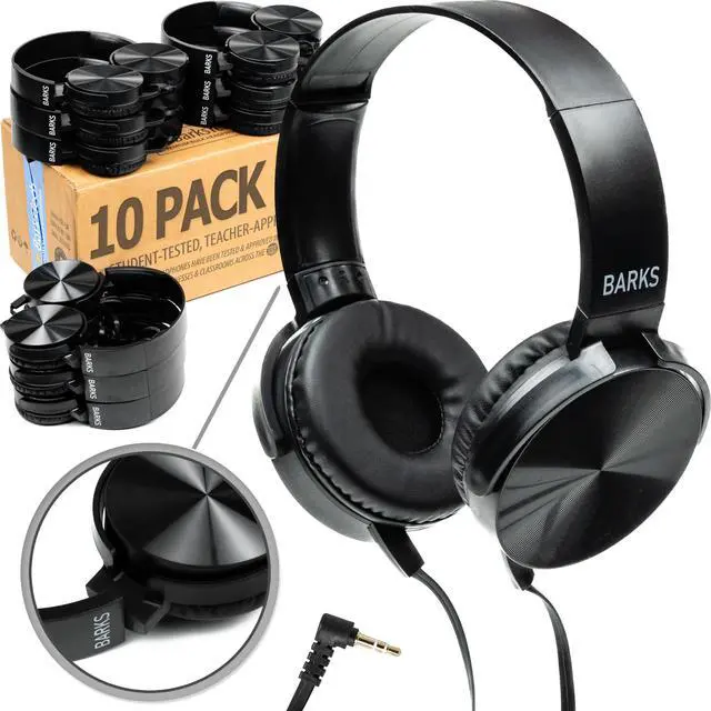 Main image of Classroom Headphones Bulk 10 Pack (Select Black, On-Ear, Wired 3.5mm) | Durable Everyday Student Use, Tangle-Free Cords, Adjustable Fit All-Day Comfort, Clear Sound, Easy Clean, K-12 School Testing