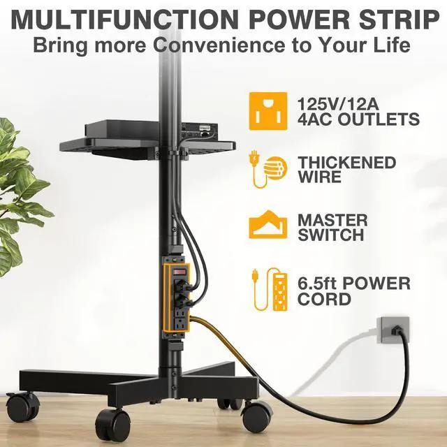 Alt view image 3 of 6 - Mobile TV Stand with Power Outlet for 23-65 Inch TVs up to 88 lbs | Tilt Rolling TV Cart with Height Adjustment & Locking Wheels, Portable TV Stand for Bedroom, Office, Max VESA 400x400mm