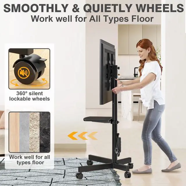 Alt view image 5 of 6 - Mobile TV Stand with Power Outlet for 23-65 Inch TVs up to 88 lbs | Tilt Rolling TV Cart with Height Adjustment & Locking Wheels, Portable TV Stand for Bedroom, Office, Max VESA 400x400mm
