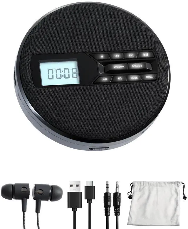 Main image of Portable CD Player with Speakers, Rechargeable CD Player for Car & Home | Personal CD Player, Small Fabric Music Player with Backlit Display, Anti-Skip, AUX Out/USB Play, Ideal for Audiobooks & Gifts