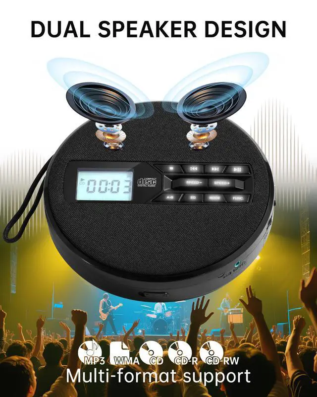 Alt view image 2 of 6 - Portable CD Player with Speakers, Rechargeable CD Player for Car & Home | Personal CD Player, Small Fabric Music Player with Backlit Display, Anti-Skip, AUX Out/USB Play, Ideal for Audiobooks & Gifts