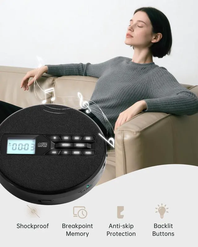 Alt view image 3 of 6 - Portable CD Player with Speakers, Rechargeable CD Player for Car & Home | Personal CD Player, Small Fabric Music Player with Backlit Display, Anti-Skip, AUX Out/USB Play, Ideal for Audiobooks & Gifts