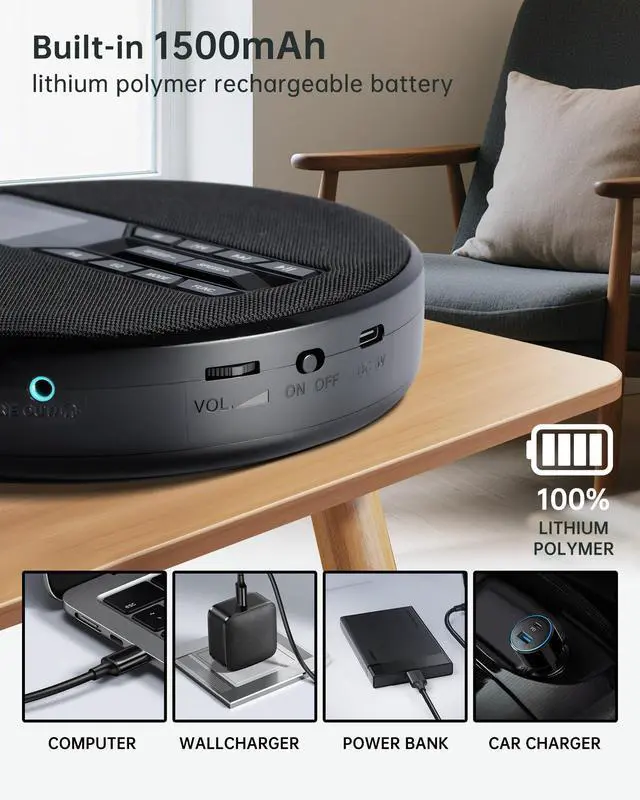 Alt view image 4 of 6 - Portable CD Player with Speakers, Rechargeable CD Player for Car & Home | Personal CD Player, Small Fabric Music Player with Backlit Display, Anti-Skip, AUX Out/USB Play, Ideal for Audiobooks & Gifts
