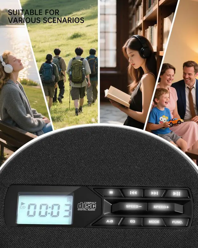 Alt view image 5 of 6 - Portable CD Player with Speakers, Rechargeable CD Player for Car & Home | Personal CD Player, Small Fabric Music Player with Backlit Display, Anti-Skip, AUX Out/USB Play, Ideal for Audiobooks & Gifts