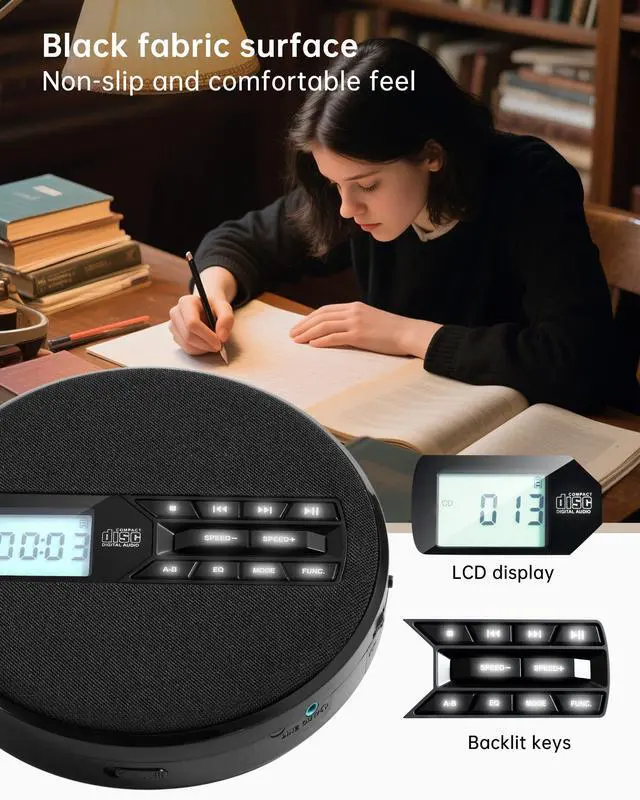 Alt view image 6 of 6 - Portable CD Player with Speakers, Rechargeable CD Player for Car & Home | Personal CD Player, Small Fabric Music Player with Backlit Display, Anti-Skip, AUX Out/USB Play, Ideal for Audiobooks & Gifts