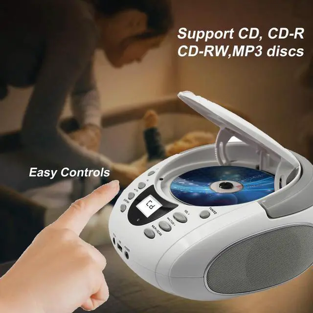 Alt view image 2 of 6 - Portable Home CD Players Boombox with Speakers | USB/Bluetooth/AUX Input and Earphone Jack Output, Stereo Sound Speaker & Audio Player,White