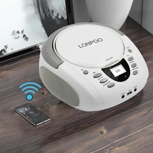 Alt view image 4 of 6 - Portable Home CD Players Boombox with Speakers | USB/Bluetooth/AUX Input and Earphone Jack Output, Stereo Sound Speaker & Audio Player,White