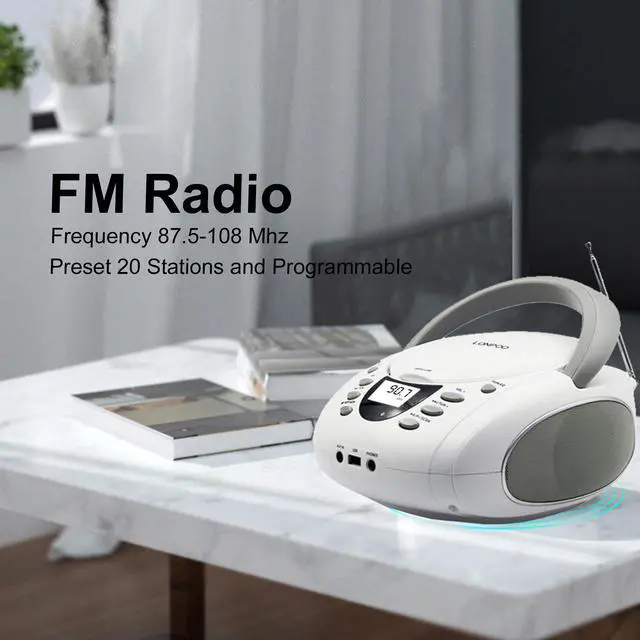 Alt view image 5 of 6 - Portable Home CD Players Boombox with Speakers | USB/Bluetooth/AUX Input and Earphone Jack Output, Stereo Sound Speaker & Audio Player,White
