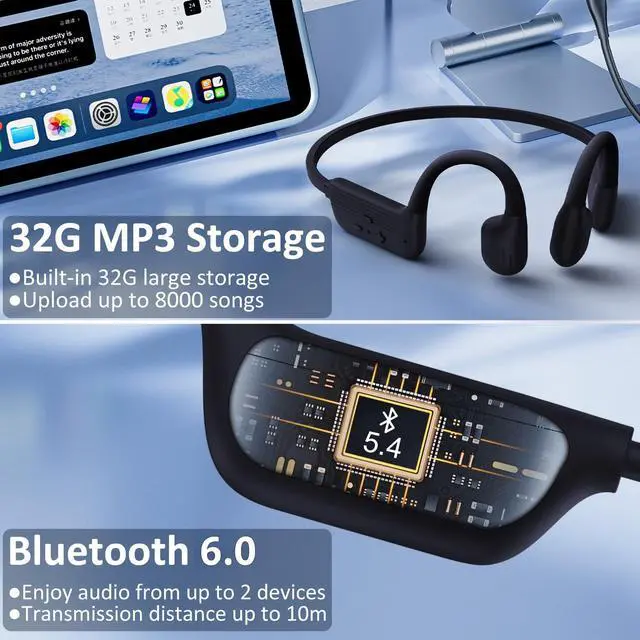 Alt view image 3 of 6 - Swimming Headphones, IP68 Waterproof Bone Conduction Headphones, Bluetooth 6.0&MP3 with32GB Memory Card, Skin Open Ear Swim Earbuds with Adjustable Headband for Swim Cap/Hat, Magnetic Charging(Black)