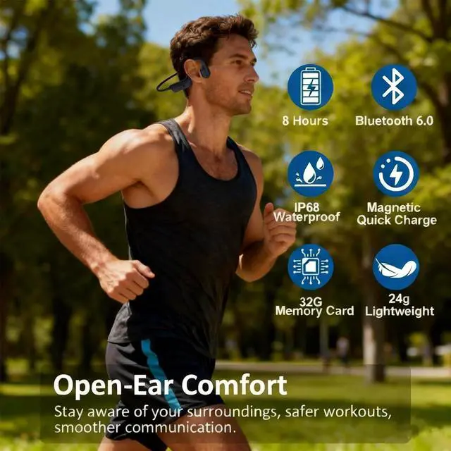 Alt view image 6 of 6 - Swimming Headphones, IP68 Waterproof Bone Conduction Headphones, Bluetooth 6.0&MP3 with32GB Memory Card, Skin Open Ear Swim Earbuds with Adjustable Headband for Swim Cap/Hat, Magnetic Charging(Black)