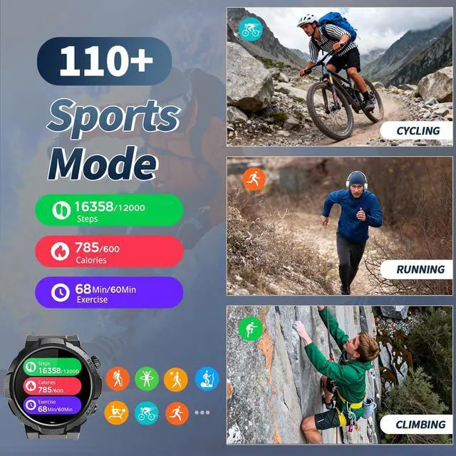 Alt view image 6 of 6 - Military Smartwatch for Men, 50-Day Battery,Bluetooth Call with LED | 1.53" HD, 110+ sports modes, heart rate/sleep monitor, IP68 waterproof, Bluetooth 5.3 calls & notifications for iOS/Android