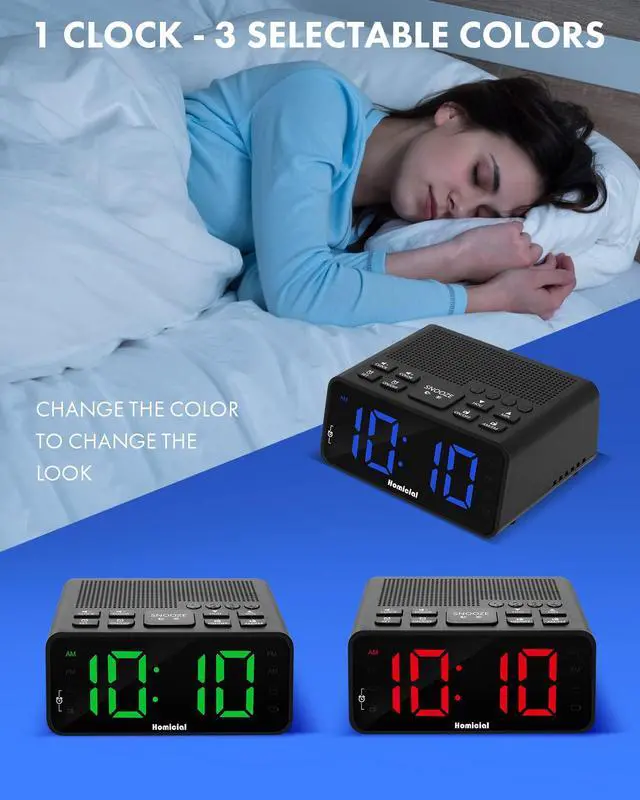 Alt view image 2 of 6 - Digital Alarm Clock Radio with AM/FM Radio, Multi-Colors 1.4 LED Digits, Preset, Sleep Timer and Clear Display with Dimmer for Bedroom Bedside, Battery/Plug-in Powered