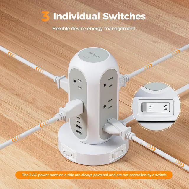 Alt view image 3 of 6 - Surge Protector Power Strip with 1050J, Individual Switches, 6 Ft | 11 Outlets, 4 USB Ports (2 USB C), Flat Extension Cord, 20W Charging Station for Multiple Devices, for Office, Dorm Room