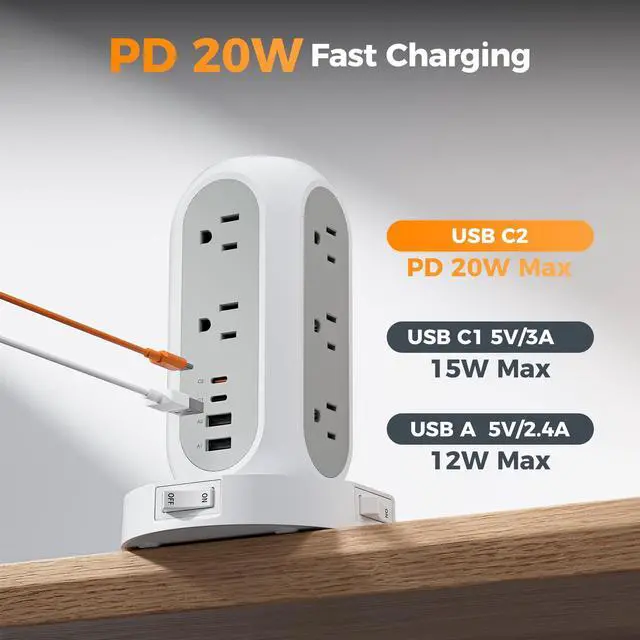 Alt view image 4 of 6 - Surge Protector Power Strip with 1050J, Individual Switches, 6 Ft | 11 Outlets, 4 USB Ports (2 USB C), Flat Extension Cord, 20W Charging Station for Multiple Devices, for Office, Dorm Room