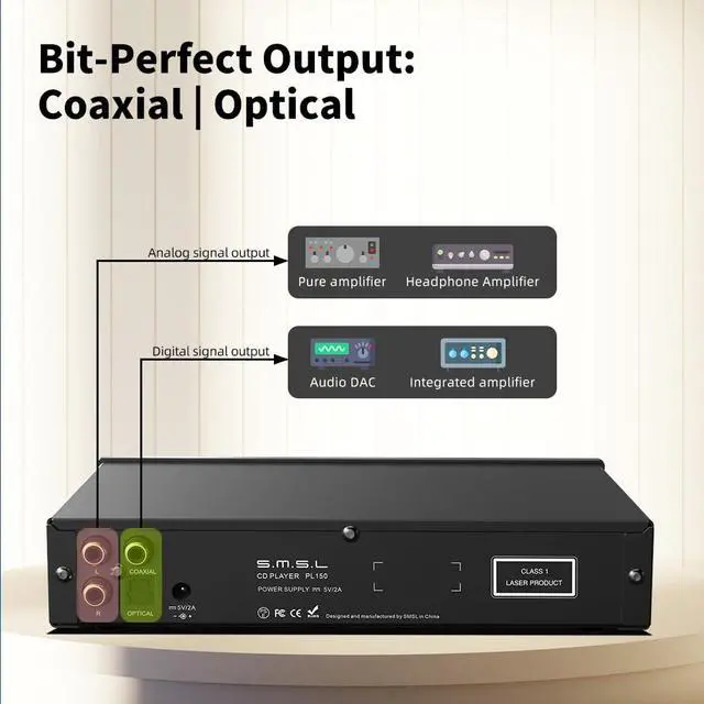 Alt view image 5 of 6 - SMSL PL150 CD Player High Power CS43198 D/A chip, Standard/MQA-CD/HDCD CDs, with RCA/3.5mm & 4.4mm Headphone/Optical/Coaxial Output, for Vehicle/Laptop/TV/PC, CD Player Amp with Remote Control (Black)