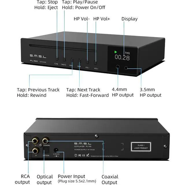 Alt view image 6 of 6 - SMSL PL150 CD Player High Power CS43198 D/A chip, Standard/MQA-CD/HDCD CDs, with RCA/3.5mm & 4.4mm Headphone/Optical/Coaxial Output, for Vehicle/Laptop/TV/PC, CD Player Amp with Remote Control (Black)