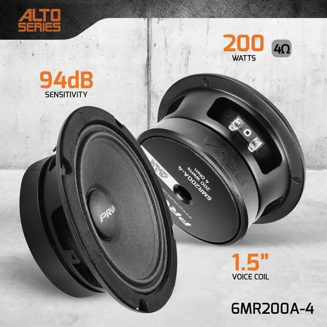 Alt view image 2 of 6 - 6.5 Midrange Speakers Pair 6MR200A-4, 200 Watts, 4 Ohm Shallow Mount Car Audio Slim Speaker, 1.5 in Voice Coil, Compact for Doors (2 Speakers)